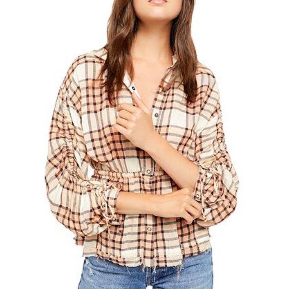 We The Free Beige, Orange, and Burgundy Plaid Button-Down Shirt